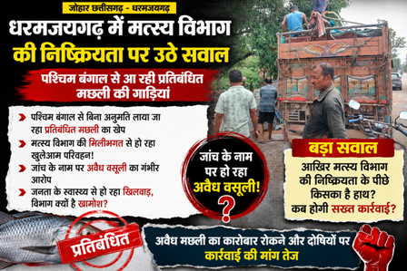 धरमजयगढ़ में मत्स्य विभाग की निष्क्रियता पर उठे सवाल, पश्चिम बंगाल से आ रही प्रतिबंधित मछली की गाड़ियां, जांच के नाम पर हो रहा अवैध वसूली