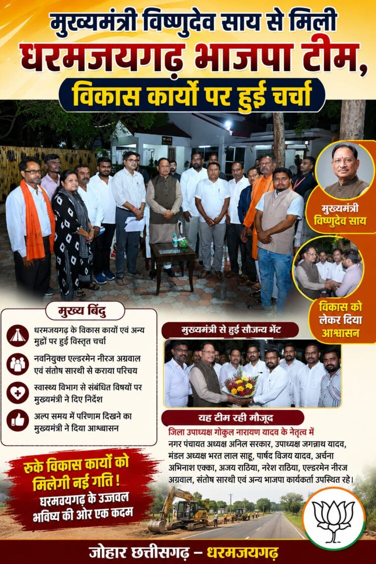 मुख्यमंत्री विष्णुदेव साय से मिली धरमजयगढ़ भाजपा टीम, विकास कार्यों पर हुई चर्चा