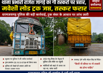 मवेशी लोड ट्रक जब्त, तस्कर अंधेरे का फायदा उठाकर फरार… थाना प्रभारी राजेश जांगड़े के नेतृत्व में धरमजयगढ़ पुलिस की कार्रवाई, ट्रक नंबर के आधार पर जांच तेज
