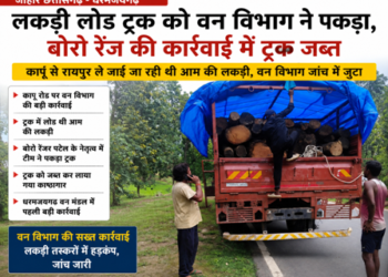 लकड़ी लोड ट्रक को वन विभाग ने पकड़ा, बोरो रेंज की कार्यवाही में ट्रक जब्त… कापू से रायपुर ले जाई जा रही थी आम की लकड़ी, वन विभाग जांच में जुटा