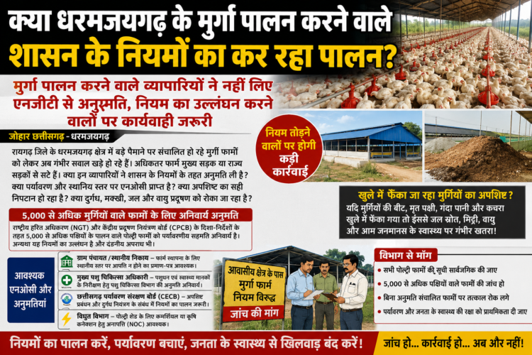 धरमजयगढ़ में मुर्गी फार्मों पर उठे गंभीर सवाल, क्या नियमों का हो रहा पालन? … 5 हजार से अधिक पक्षियों वाले पोल्ट्री फार्मों के लिए प्रदूषण नियंत्रण बोर्ड की अनुमति जरूरी, सड़क किनारे संचालित फार्मों की जांच की मांग