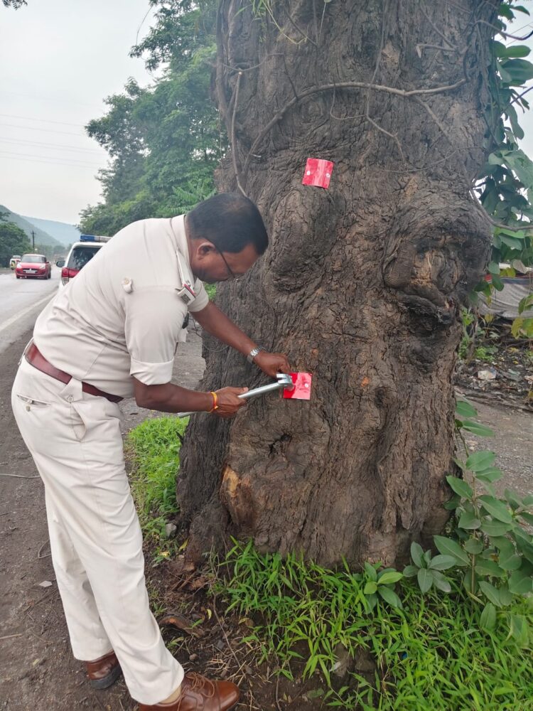 सड़क सुरक्षा के लिए रायगढ़ ट्रैफिक पुलिस का अभिनव अभियान, सड़क किनारे पेड़ों पर लगाए जा रहे Tree Marker रेडियम रिफ्लेक्टर, रात में दुर्घटनाओं की आशंका होगी कम,एसएसपी शशि मोहन सिंह के निर्देशन में जिलेभर में लगातार चल रहा सुरक्षा अभियान