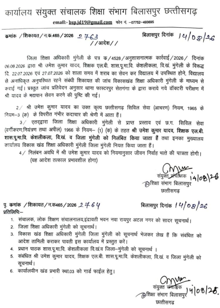 शराब सेवन की पुष्टि के बाद शिक्षक निलंबित