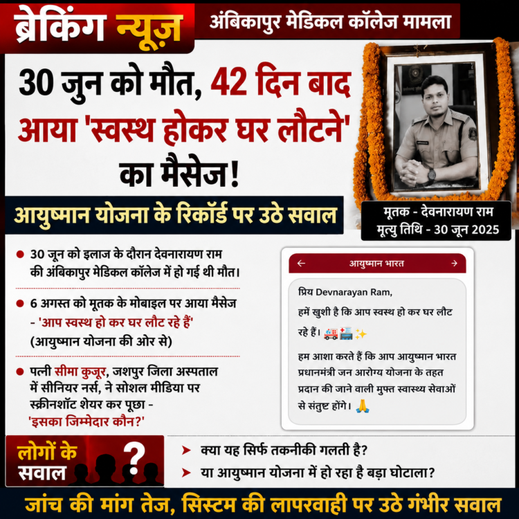 42 दिन पहले हो चुकी थी मौत, फिर आया ‘स्वस्थ होकर घर लौटने’ का मैसेज! … अंबिकापुर मेडिकल कॉलेज का मामला, आयुष्मान योजना के रिकॉर्ड पर उठे गंभीर सवाल