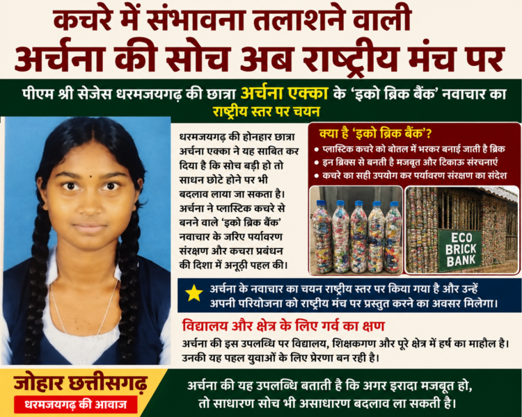 कचरे में संभावना तलाशने वाली अर्चना की सोच अब राष्ट्रीय मंच पर… पीएम श्री सेजेस धरमजयगढ़ की छात्रा अर्चना एक्का के ‘ईको ब्रिक बैंक नवाचार का राष्ट्रीय स्तर पर चयन