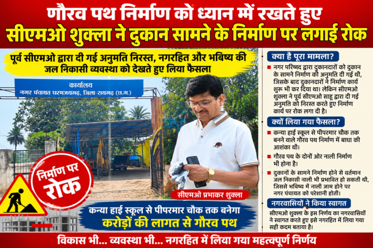 गौरव पथ निर्माण को ध्यान में रखते हुए सीएमओ शुक्ला ने दुकान के सामने निर्माण पर लगाई रोक… पूर्व सीएमओ साहू द्वारा दी गई अनुमति निरस्त, नगर हित और भविष्य की जल निकासी व्यवस्थ को देखते हुए लिया फैसला