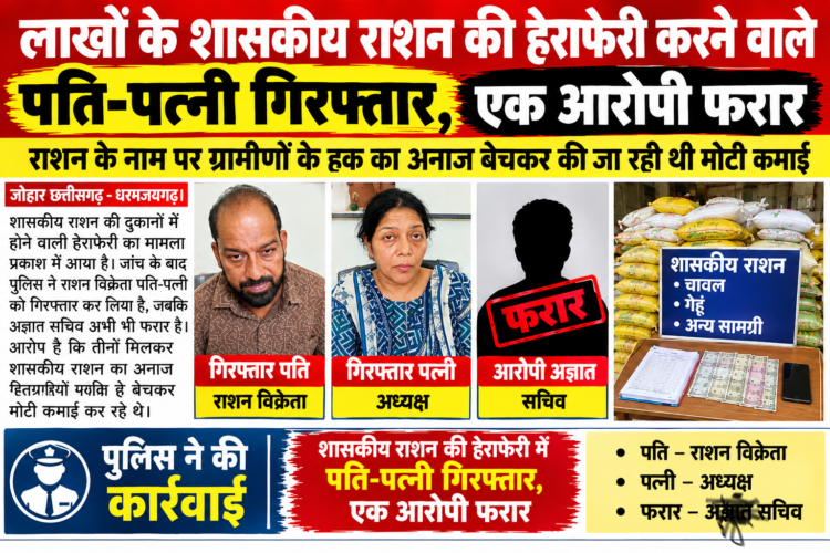लाखों के शासकीय राशन की हेराफेरी करने वाले पति-पत्नी गिरफ्तार, एक आरोपी फरार… गनपतपुर राशन दुकान में 18.86 लाख की हेराफेरी का आरोप… खाद्य निरीक्षक की शिकायत पर रैरूमा चौकी पुलिस की कार्यवाही
