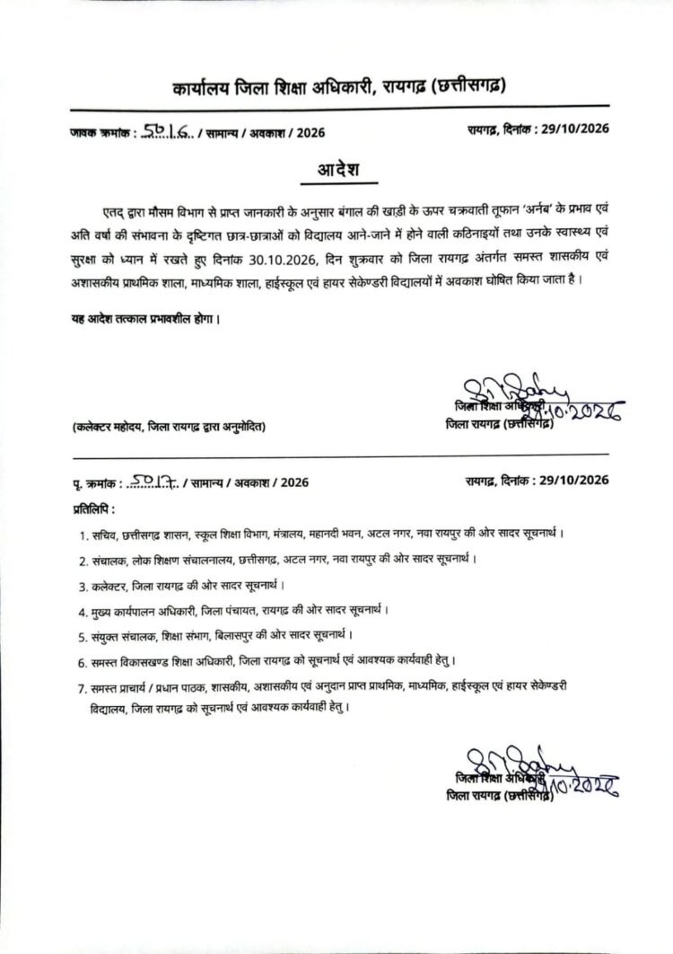 रायगढ़ जिले में कल स्कूलों की छुट्टी घोषित, चक्रवाती तूफान ‘अर्बन’ के असर को देखते हुए आदेश जारी